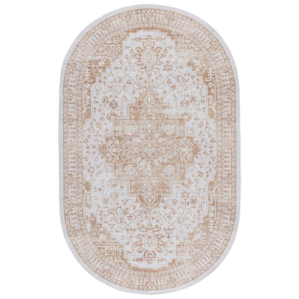 Arizona 5 ft. x 8 ft. Beige/Gold Machine Washable Transitional Medallion Oval Area Rug
