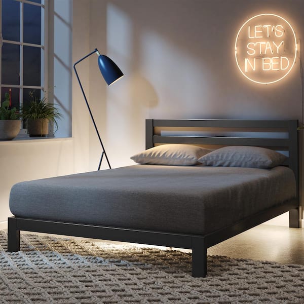 Arnav Full Black Metal Platform Bed Frame with Headboard