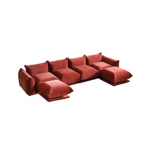 130.71 in. Straight Arm 6-piece Chenille U Shaped Modular Free Combination Sectional Sofa with Ottoman in. Orange