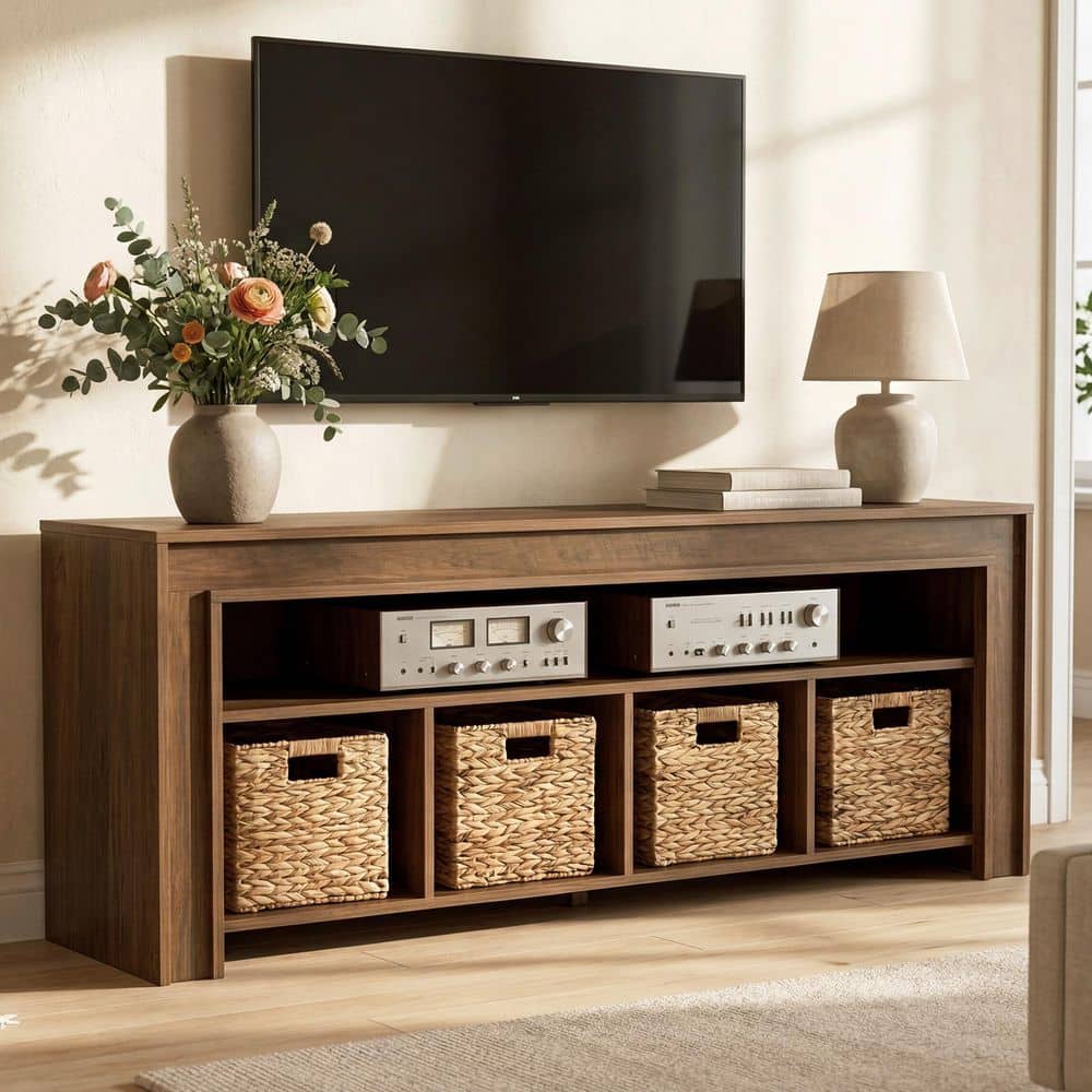 Brown 63in. TV Stand EntertainmentCenter Fits TVs up to 75in. With 4 Woven Baskets and Open Shelf,Farmhouse MediaCabinet