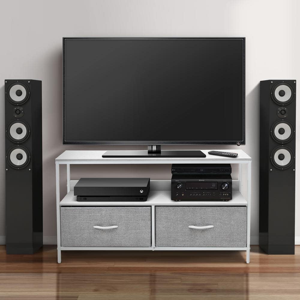 White Steel Frame TV Stand with Fabric Drawers