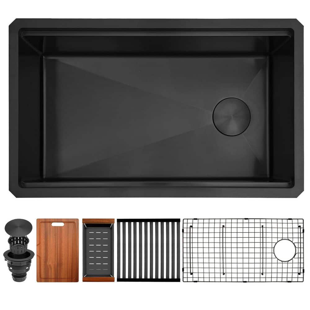 30 in. x 18 in. Black Undermount Kitchen Sink,16 Gauge Stainless Steel Single Bowl Workstation Sink, Modern Kitchen Sink price history on PriceWatchPro