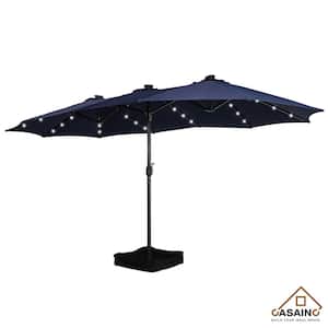 15 ft. Steel Patio Double-Side Market Umbrella with Base and Solar Light with Base in Navy