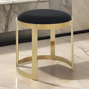 19 in. Black and Gold Low Back Metal Ottoman Stool with Faux Leather Seat