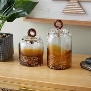 Brown Handmade Glass Decorative Jars with Gold Flake Details and Ring Lids (Set of 2)