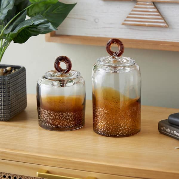 Litton Lane Brown Handmade Glass Decorative Jars with Gold Flake Details and Ring Lids (Set of 2)