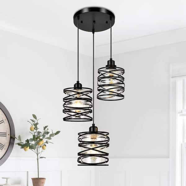 Henveton Jasslynn 40 Watt 3 Light Black Modern Pendant Light with Cylinder Seeded Glass Shade for Living Room Foyer