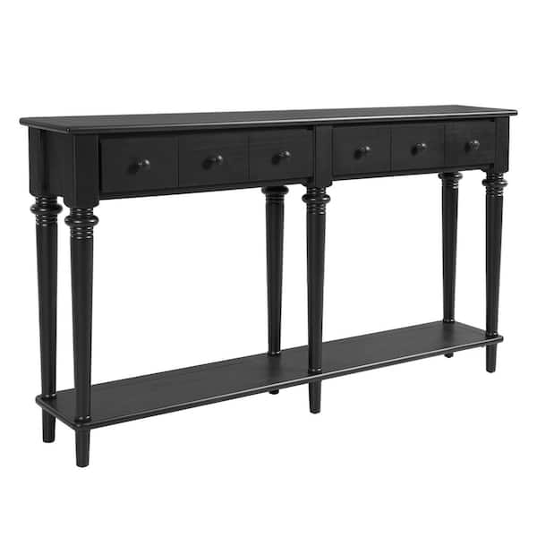 59.8 in. Black Entryway Rectangle Wood Retro Console Table with 4 Drawers and Open Shelf