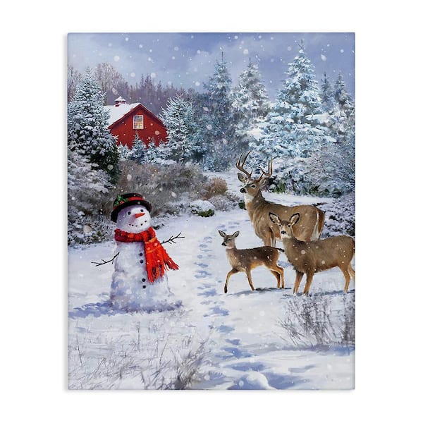 Stupell Industries Reindeer and Snowman Landscape byJason Kirk 1-Piece Unframed Graphic Print Nature Poster Art Print 48 in. x 36 in.