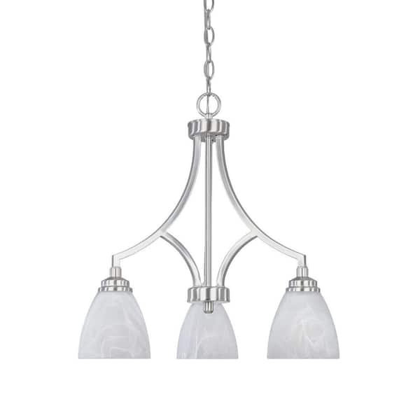 Designers Fountain Tackwood 3-Light Satin Platinum Chandelier with Alabaster Glass Shades For Dining Rooms