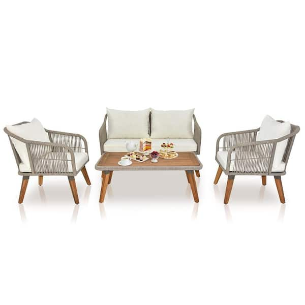 4-Piece Acacia Wood Patio Conversation Set with Cushions