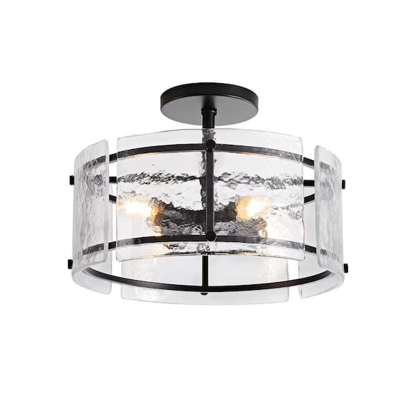 Jojospring Elvira 16" in diameter Black 4-Light Water Textured Glass Drum Flush Mount