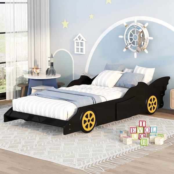 Polibi Black Wood Frame Twin Size Race Car-Shaped Platform Bed with ...