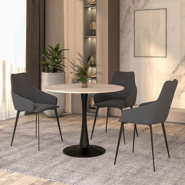 Round Natural Wood Sintered Stone 35.46 in. Tabletop with a Black Steel Pedestal Base Dining Table Seats 4
