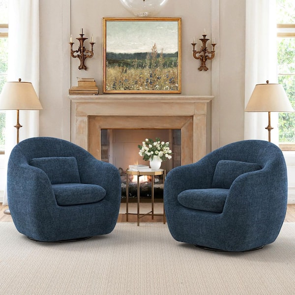 Oversized Navy Chenille 360° Swivel Accent Chair Upholstered Leisure Armchair Sofa with Padded Backrest Set of 2