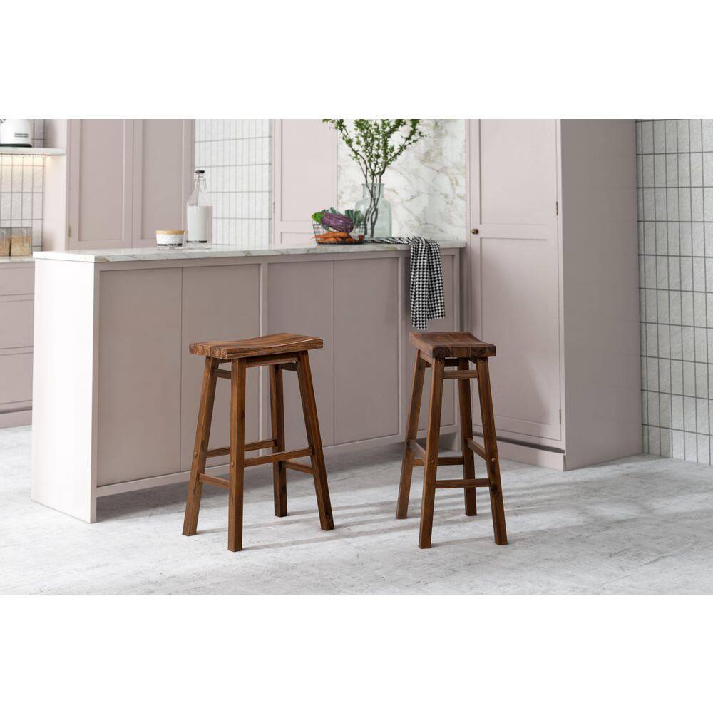Chestnut Brown Solid Wood Backless Saddle Bar Stools, Set of 2