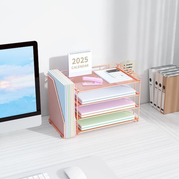 9.2 in. x 15.5 in. Rose Gold Desk Organizers and Accessories, Paper Organizer with File Organizer, Desk Accessories