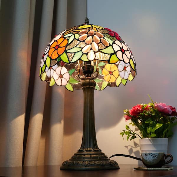 19 in. Tiffany Style Bronze Finish Table Lamp with Grape Floral Stained Glass Lamp Shade
