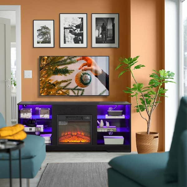 58 in. Freestanding Modern Electric Fireplace TV Stand with LED Lights in Black