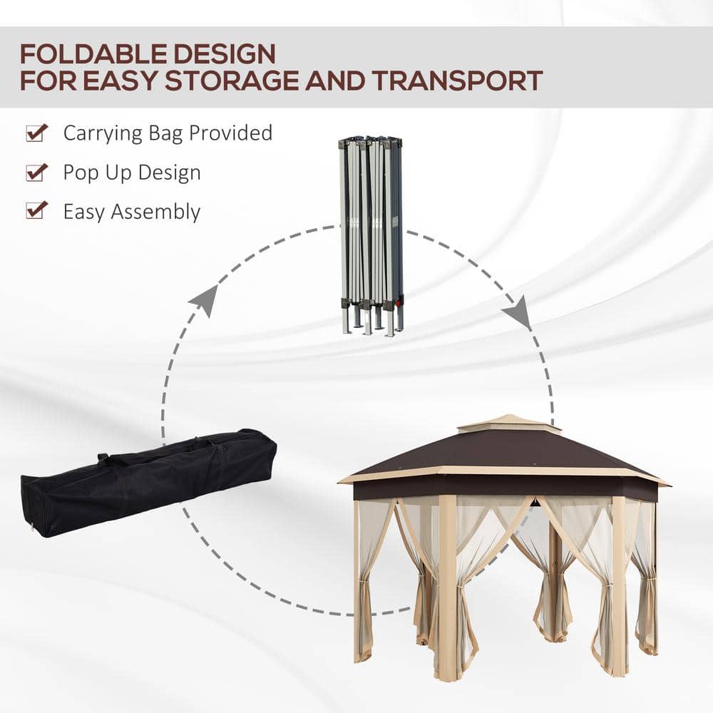 Beige Hexagonal Pop-Up Gazebo with Mesh Netting and Steel Frame