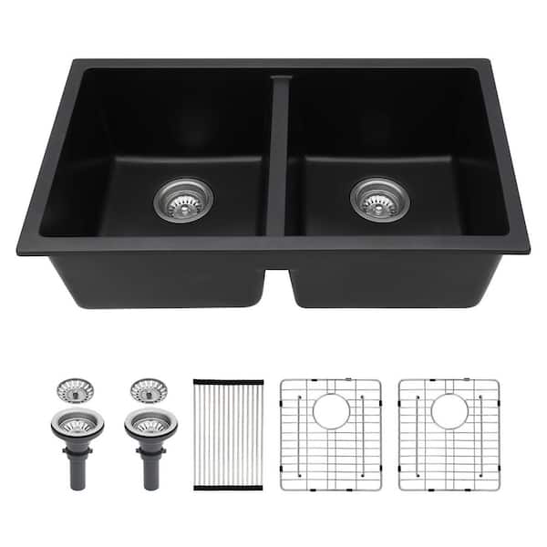 33 in. L x 19 in. W Undermount Double Bowl Quartz/Granite Composite Kitchen Sink in Matte Black