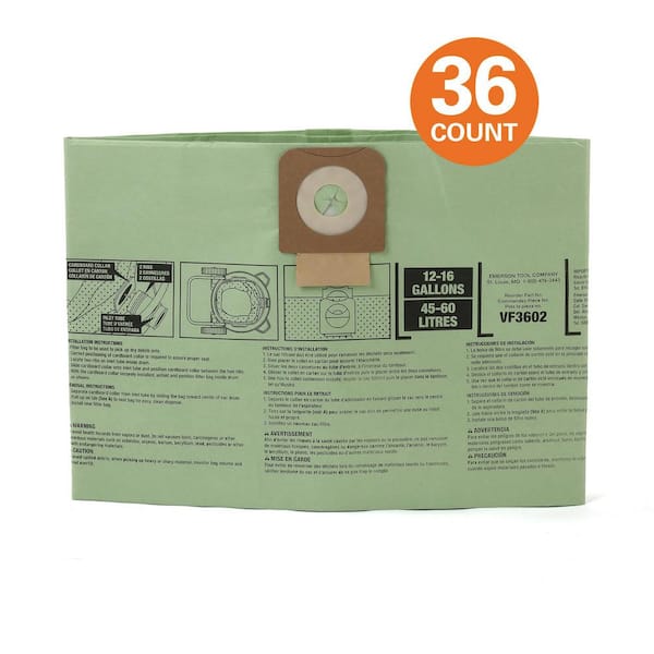 Genuine VF3602D Wet Dry Vac Cyclonic Dry Pick-up Only Dust Bags for Select 12-16 Gal. RIDGID Shop Vacuums, Size A (36pk)