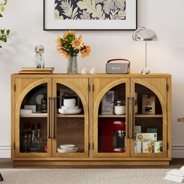 Natural Brown Wood 60 in. Buffet Sideboard Cabinet with Glass Doors and Adjustable Shelves