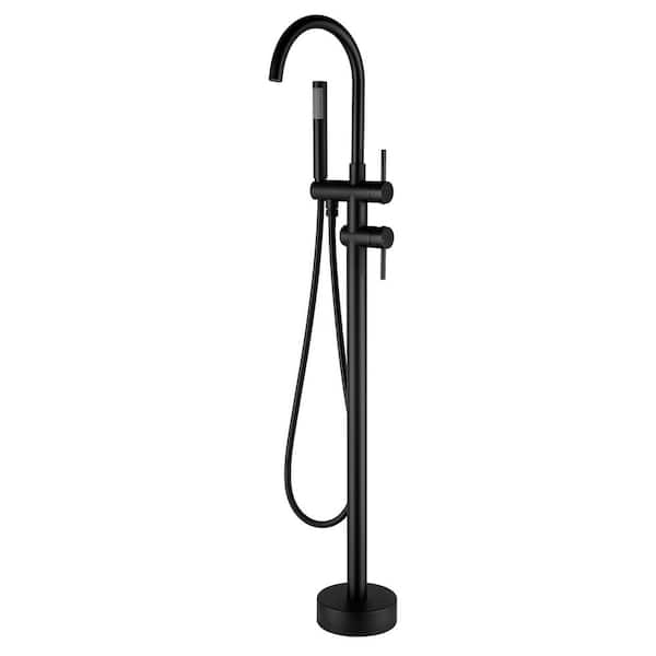 Single Handle Floor Mount Freestanding Tub Faucet Bathtub Filler with Hand Shower in Black