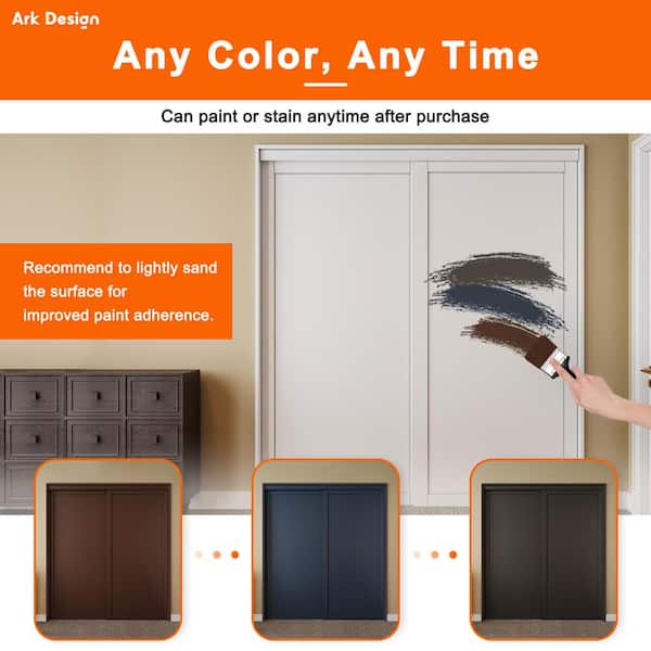 96 in. x 80 in. Paneled 3-Lite Blank Pattern White Primed MDF Sliding Door with Hardware and Black Handles