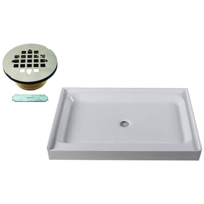 48 in. x 36 in. Single Threshold Alcove Shower Pan Base with Center Plastic Drain in Satin Nickel