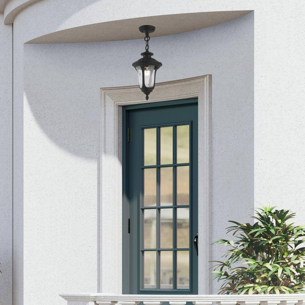 Oxford Textured Black Hand Blown Glass 1-Light Outdoor Pendant