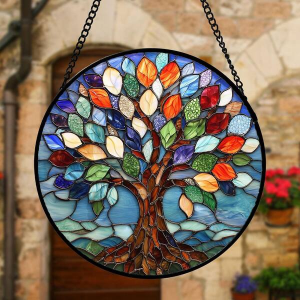 Angel Sar 6.3 in. Stained Glass Sun Catcher, Blue Tree of Life