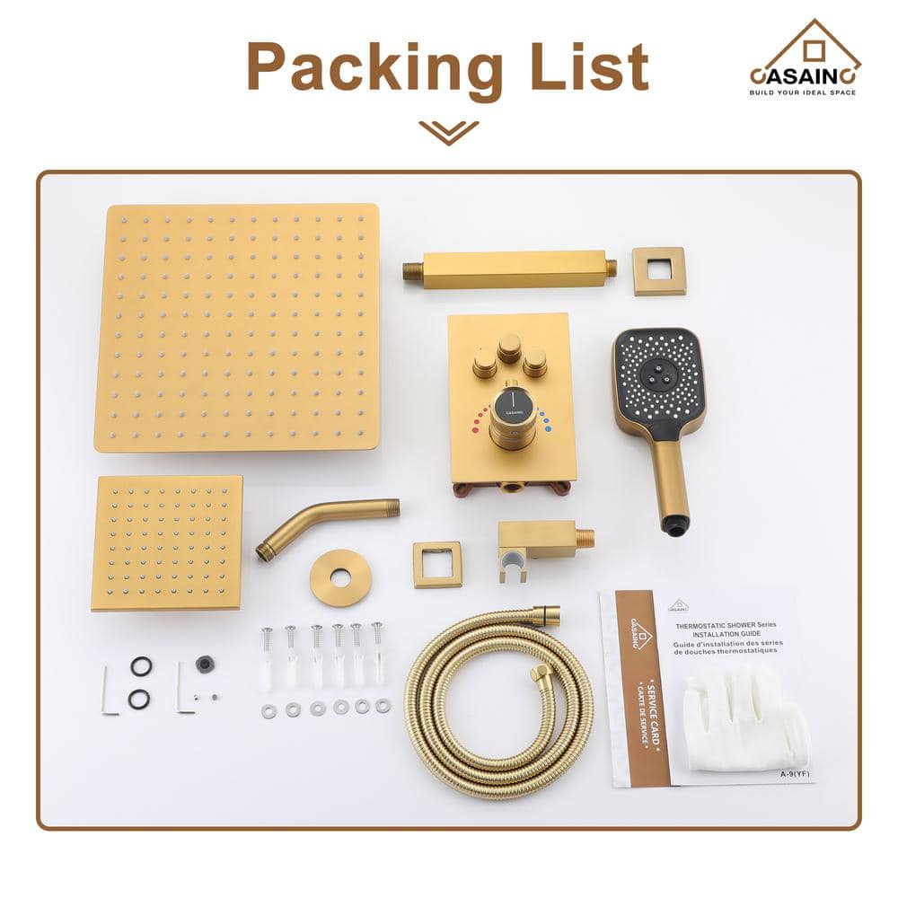 12-Inch Brushed Gold Thermostatic Dual Shower System with Handheld