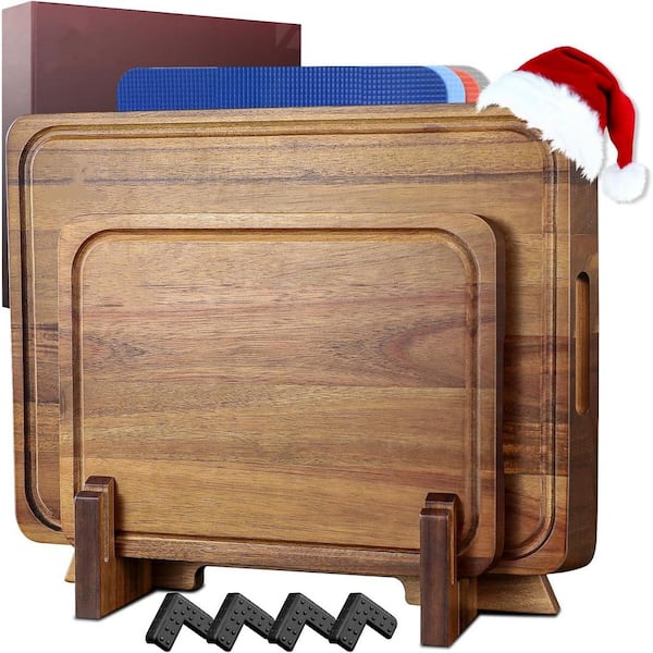 7-Piece Natural Acacia Wood Cutting Board Set with Stand and Plastic Mats, Non-Slip Kitchen Chopping Board