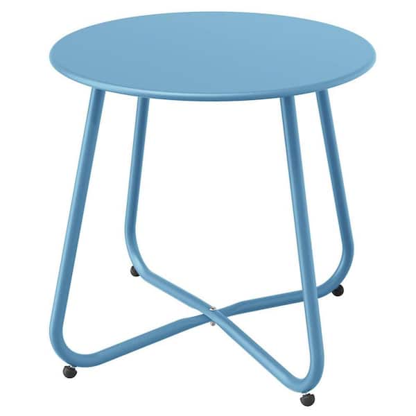 Blue Round Outdoor Coffee Table, Weather Resistant Metal Side Table for Balcony, Porch, Deck, Poolside