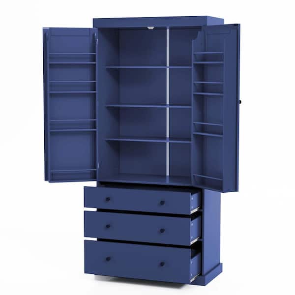 Blue Wood 35 in. x 77 in. Kitchen Pantry Cabinet with 3 Adjustable Shelves, 8 Door Shelves, 3 Drawers