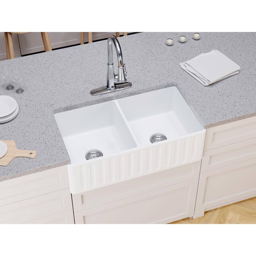White Solid Surface Double Bowl Farmhouse Kitchen Sink