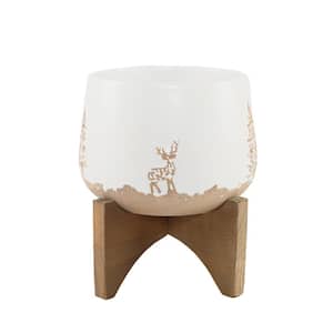 6 in. White Ceramic Christmas Trees and Deer Textured Planter on Wood Stand
