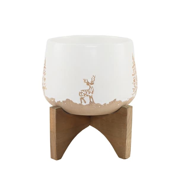 Flora Bunda 6 in. White Ceramic Christmas Trees and Deer Textured Planter on Wood Stand
