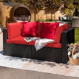 Chillrest 58 in. Black Wicker Outdoor Loveseat with Red Cushions