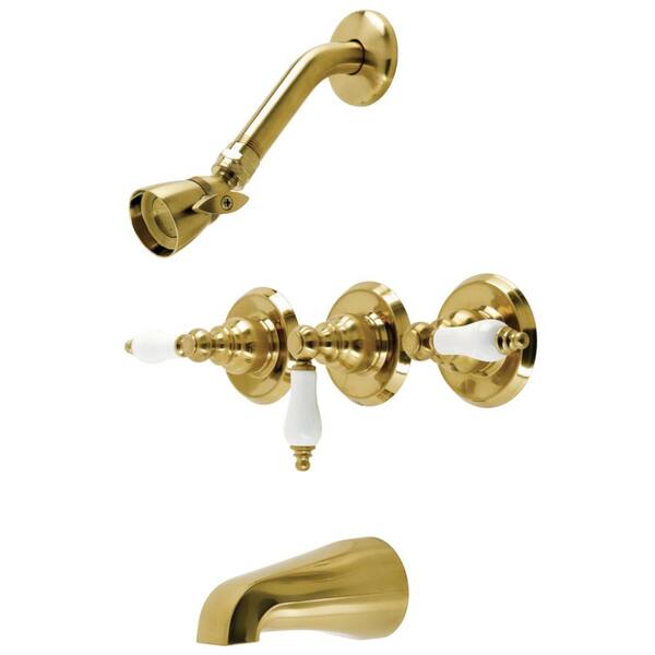 Kingston Brass Victorian Triple Handle 1-Spray Tub and Shower Faucet 1.8 GPM with Corrosion Resistant in Brushed Brass