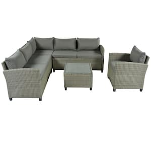 5-Piece Gray Rattan Outdoor Conversation Set with Grey Cushions and Single Chair