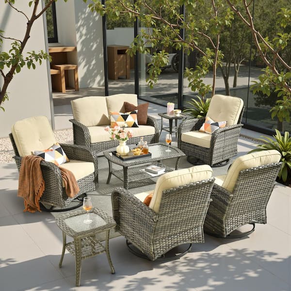 XIZZI Paradise 8 Pieces Wicker Outdoor Patio and Swivel Rocking Chairs with Beige Cushions