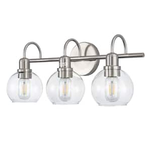 20 in. 3-Light Brushed Nickel Vanity Light with Clear Glass Globes for Modern and Industrial Bathroom