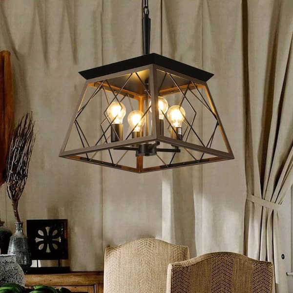 Magic Home 15.7 in. Farmhouse 4-Light Vintage Antique Chandelier Hanging Light Fixture for Kitchen Dining Room,Walnut and Black