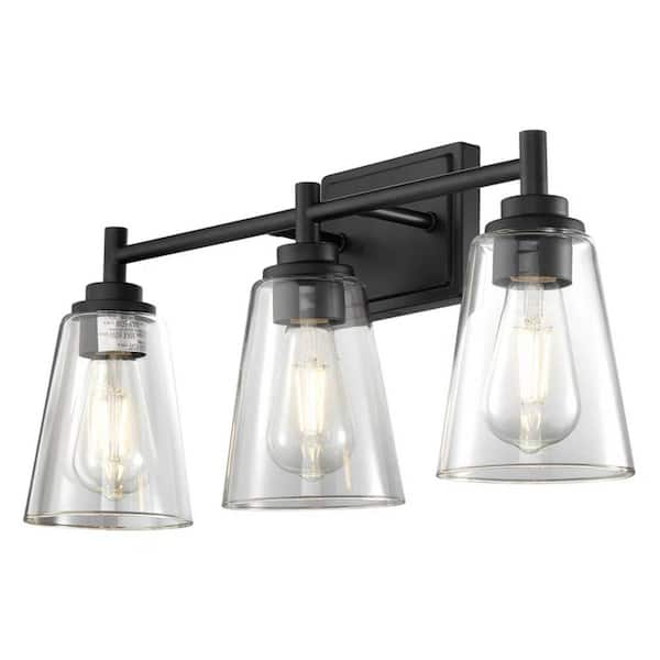 22 in. 3-Light Matte Black Industrial Vanity Light with Clear Glass shade