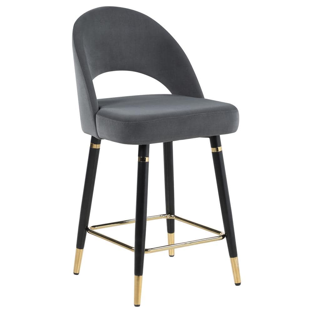 Gray Velvet Upholstered Arched Back Counter Stools with Gold Accents