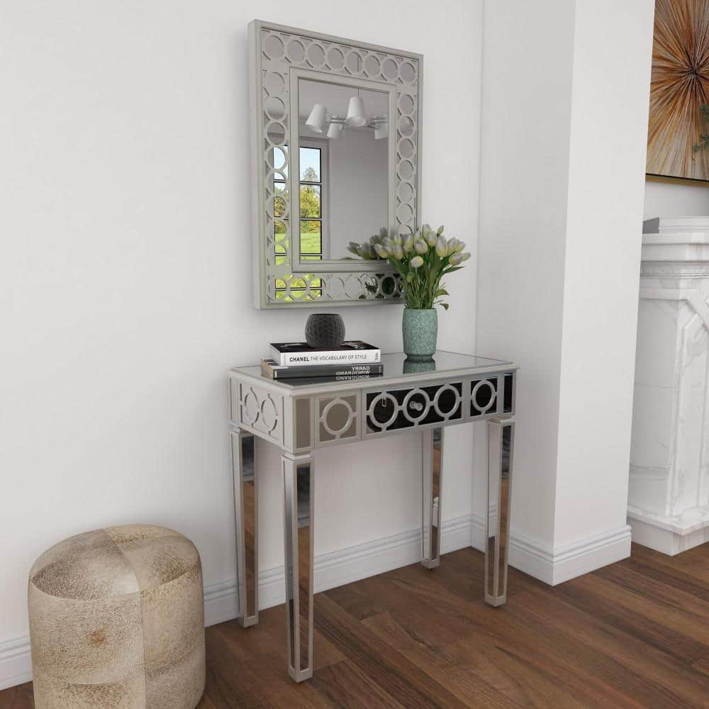 Silver Mirrored Wood and Glass Console Table with Storage