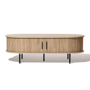 23.6 in. Brown Round Wooden Coffee Table with Storage and Slatted Sliding Doors