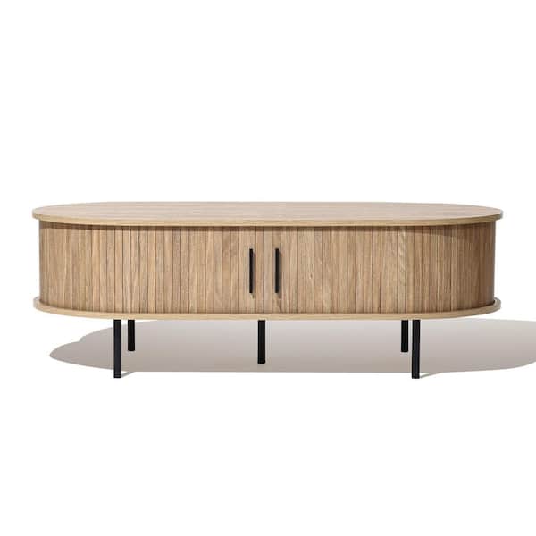 LuxenHome 23.6 in. Brown Round Wooden Coffee Table with Storage and Slatted Sliding Doors